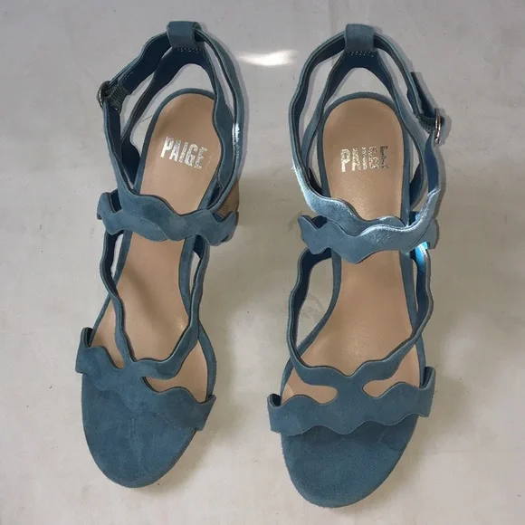PAIGE Blue Sage Scalloped Strappy Sandals Block Heel Suede 7 NEW - Picture 8 of 12